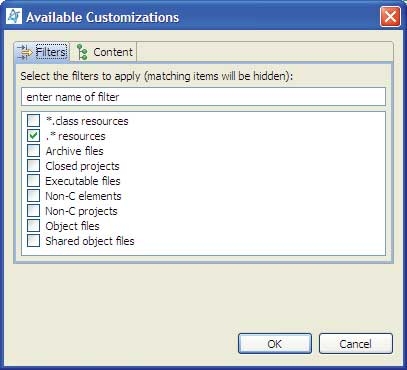 Project Explorer view; File Filter dialog